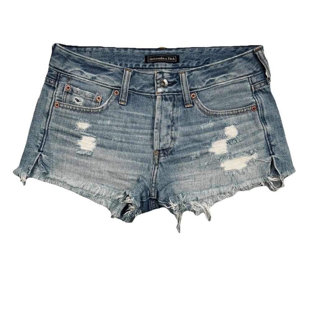 Abercrombie & Fitch Jean Shorts 25 (W29) Blue Button Distressed Cotton Womens